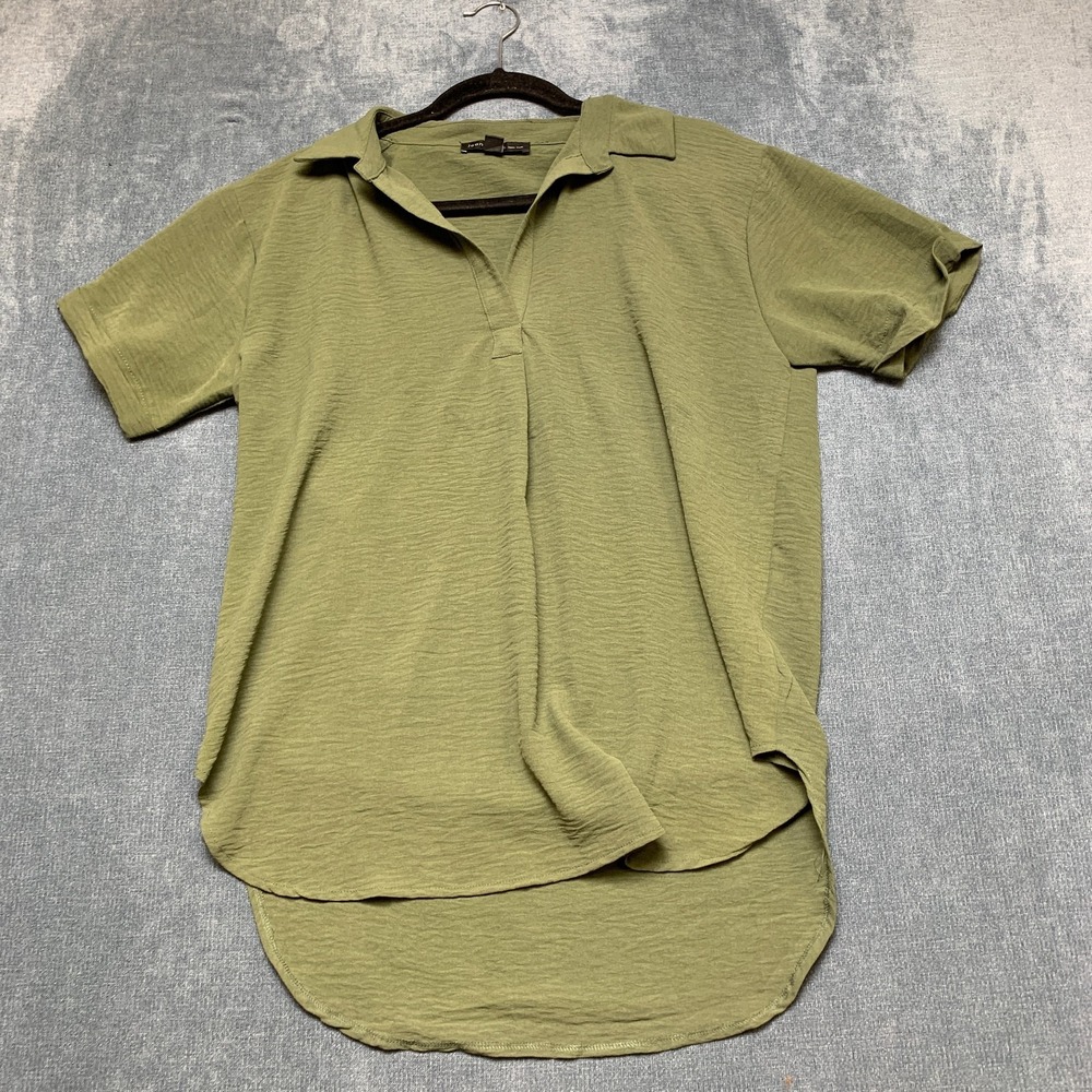 Joan Vass Polo Shirt Womens Medium Olive Green High Low Slit Cuffed Golf Tennis